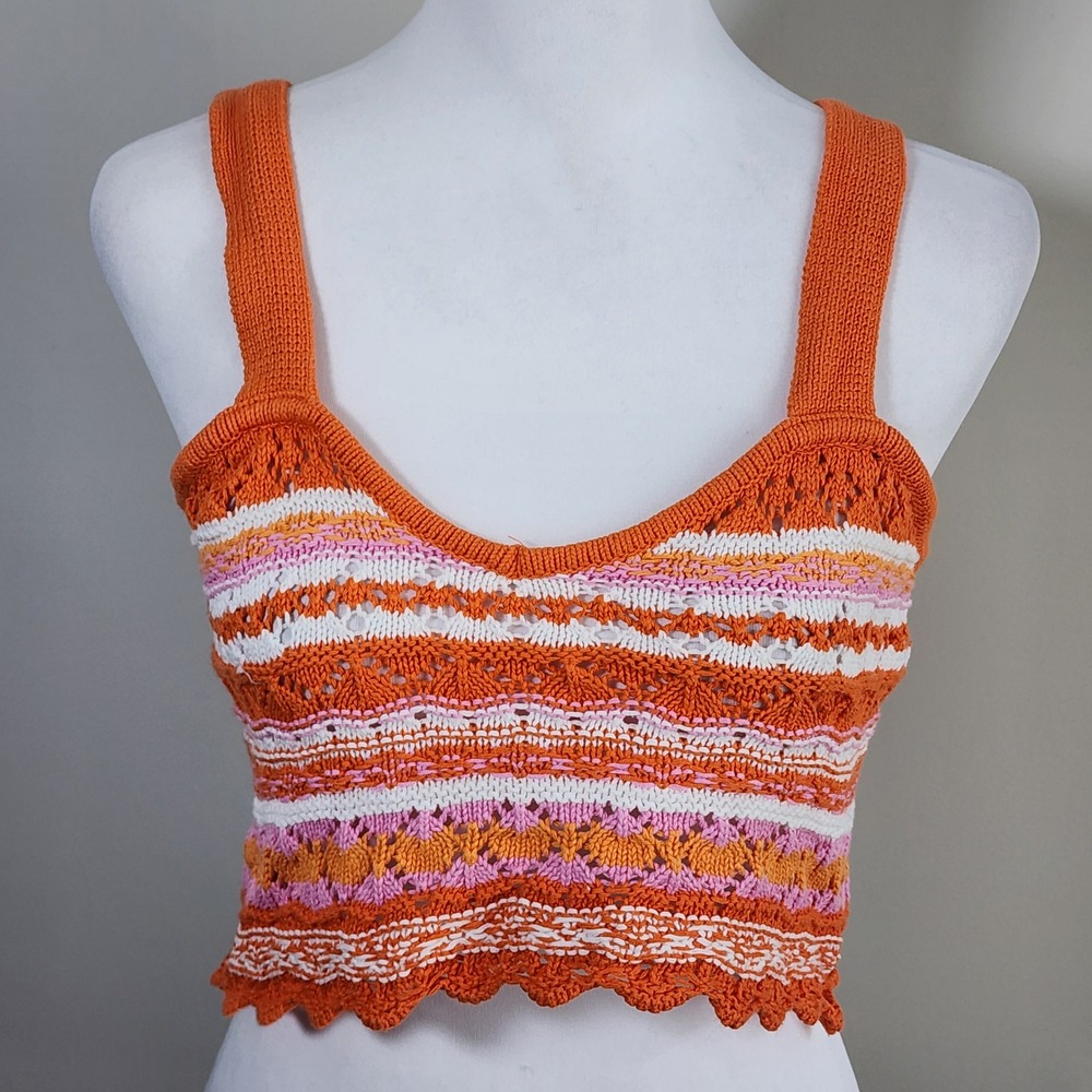 H&M Crochet Knit Tank Top Womens Small Orange Striped Boho Festival Summer Hippy